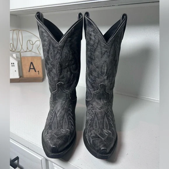 Laredo Black Western Boots Mens 7.5D Womens 9 Leather Cowboy Inlay Classic - Picture 3 of 8